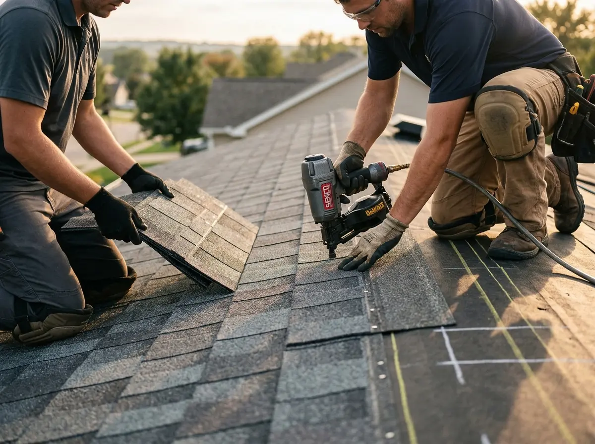 Professional roofer working on a residential roof in Tiffin